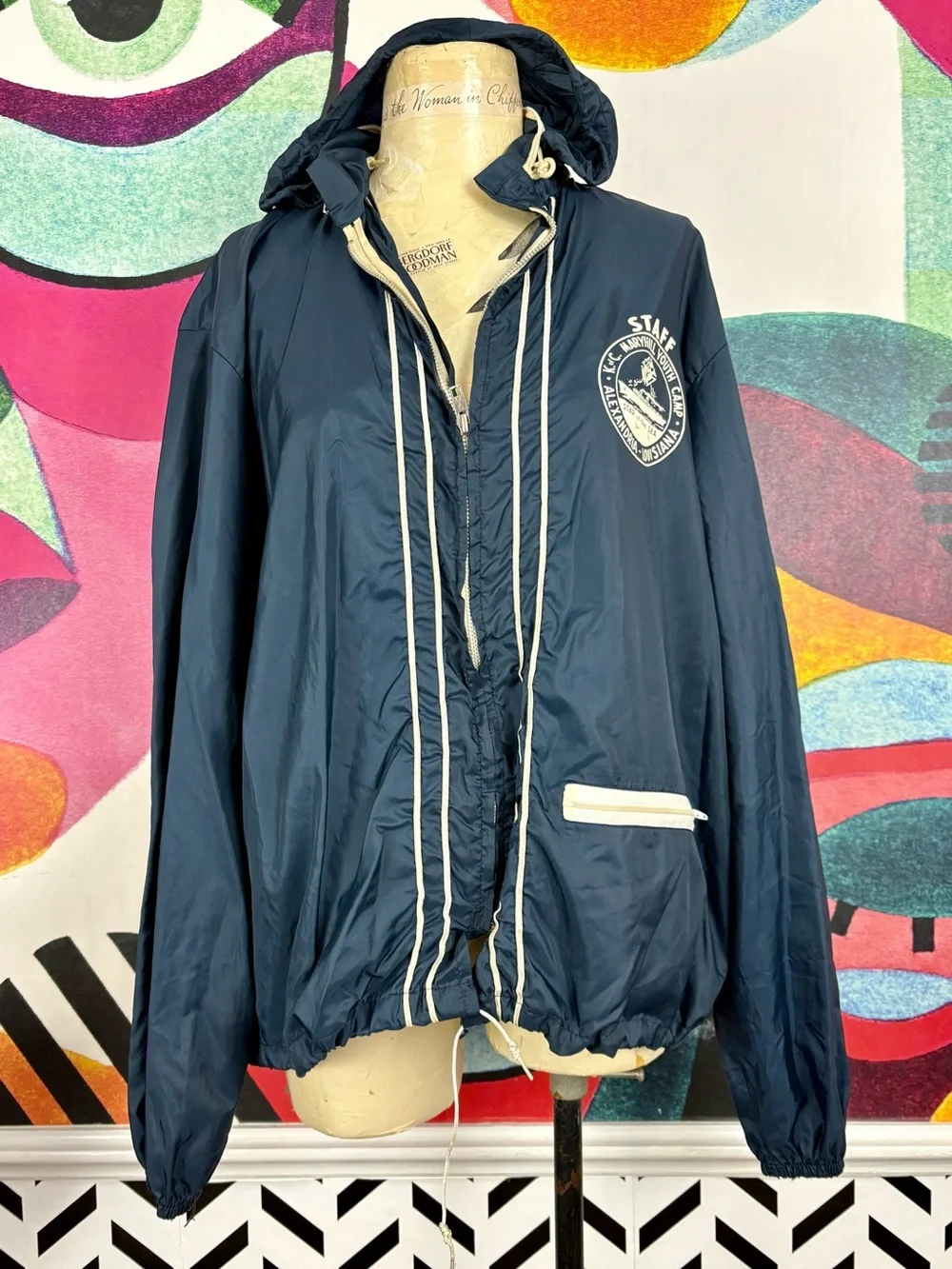 VTG 1970s Knights of Columbus Camp Maryhill Navy Hooded Windbreaker Jacket